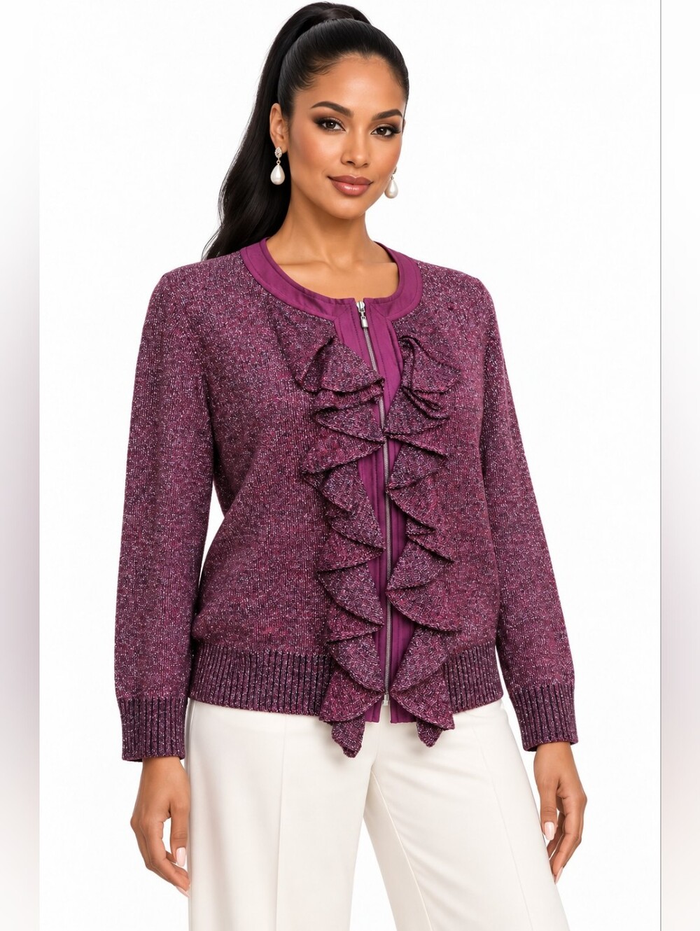 St John Boutique XL Cardigan Purple Metallic Ruffle Zip Silk Cashmere Wool